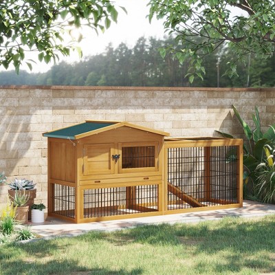 Beige Wooden Guinea Pig Hutch with Ramp and Waterproof Roof