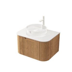 Dexmalle Natural Wood Wall-Mounted Floating Curved Edges Striped Storage Cabinet with Drawer - 1 of 4