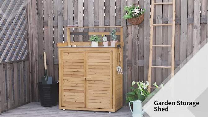 Outsunny Garden Potting Bench Table Wooden Workstation Shed with Tabletop, Hooks, 3-Tier Shelves Cabinet and 2 Magnetic Close Doors, 2 of 10, play video