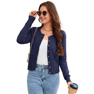 BLUEMING Womens Cable Knit Cardigan Bolero Shrug Long Sleeve Round Neck Button Down Casual Sweater Coats - 1 of 4