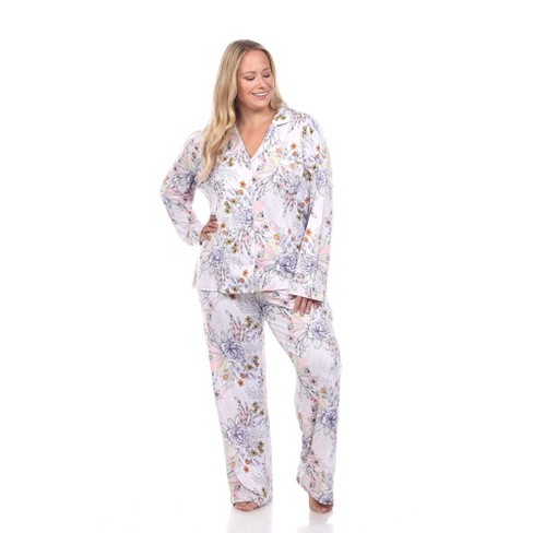 Plus Size Long Sleeve Floral Pajama Set Light Gray 1X - White Mark