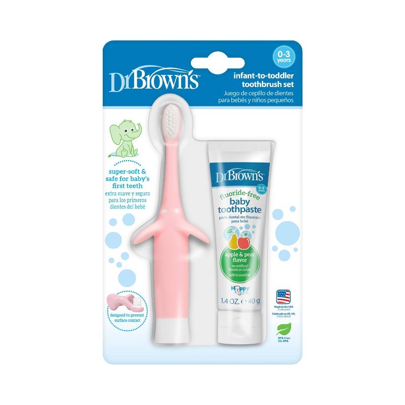 Dr. Brown&#39;s Infant-to-Toddler Training Toothbrush &#38; Fluoride-Free Baby Toothpaste Pear &#38; Apple Flavor - 0-3 years - Pink Elephant, 3 of 8