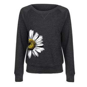 Women's - Instant Message - Daisy Side Lightweight French Terry Wide Neck Long Sleeve Graphic Shirt - 1 of 4