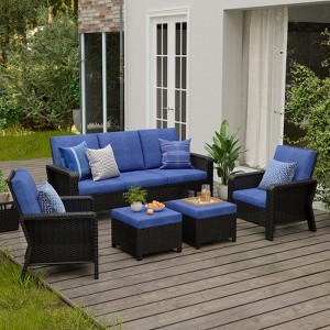 SUGOLD 5-Person Hand Woven Wicker Patio Conversation Set with Blue Cushions - 1 of 1