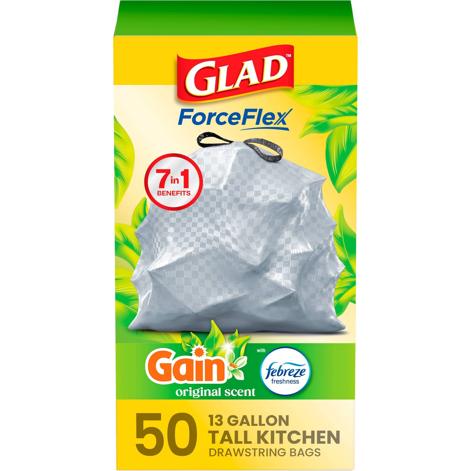 Glad Tall Kitchen Drawstring Trash Bags OdorShield - Gain Original with Febreze Freshness - 50ct/13gal