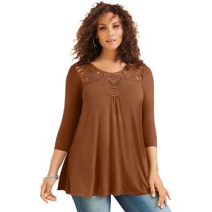 Roaman's Women's Plus Size Lace Embellished Swing Ultra Femme Top - 1 of 4