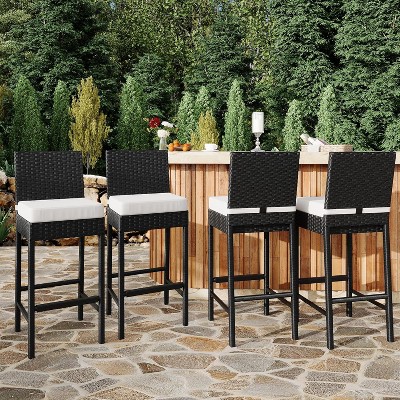 Patio Wicker Barstools with Cushions, Outdoor Rattan Bar Height Stools, Armless, 28" Seat, for Backyard, Poolside, Weather Resistant