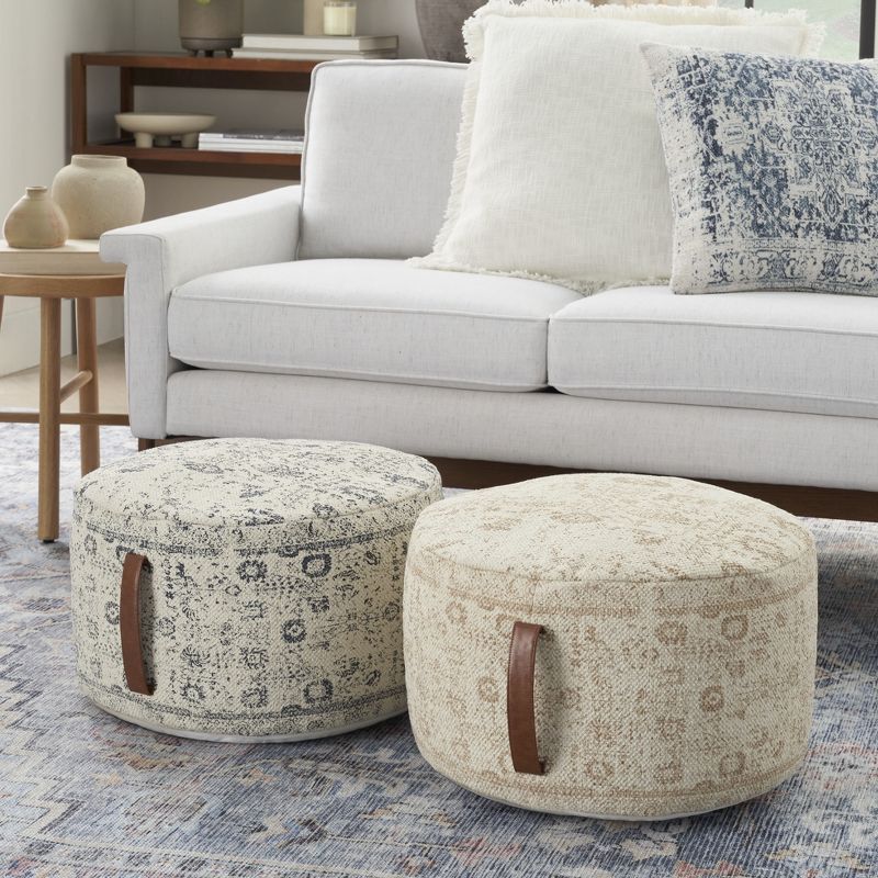 Nicole Curtis Handcrafted Vintage Floral 20" x 20" x 12" Indoor Drum Pouf with Handle, 4 of 9