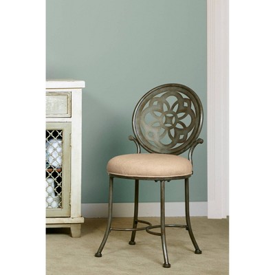 Antique Gray Metal Vanity Stool with Cream Upholstery