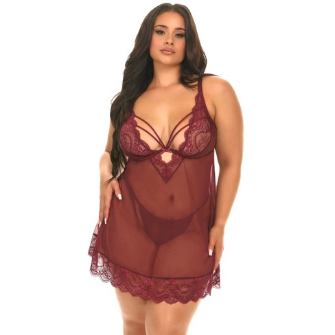 Oh La La Cheri Women's Wynter Sheer Empire Waist Babydoll 75-11544X, Zinfandel, 1X/2X - image 1 of 2