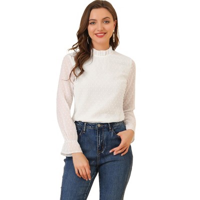 INSPIRE CHIC Women's Swiss Dots Long Sleeve Mock Neck Blouse