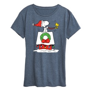 Women's - Peanuts - Snoopy and Woodstock House Sleigh Short Sleeve Graphic T-Shirt - 1 of 4