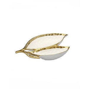Classic Touch White Porcelain Leaf Relish Dish with Gold Rim, 15"L - 1 of 4