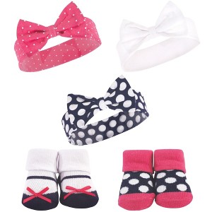 Hudson Baby Infant Girl Headband and Socks Set 5pk, Navy Pink Dot, 0-9 Months - 1 of 2