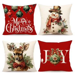 Christmas Pillow Covers 18x18 Set of 4 Red White Xmas Decorations Snowman Deer Joy Winter Holiday Decor - 1 of 4