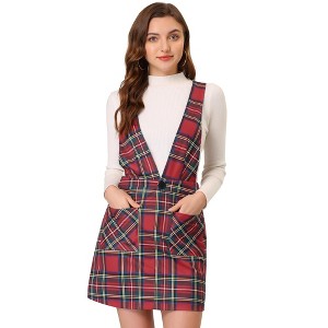 Allegra K Women's Plaid Preppy Knit Crossover V Neck Pinafore Mini Dress - 1 of 4