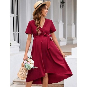 Coolmee Women Maternity Dress Cross V Necks Lantern Short Sleeve Tie High Waist A-Line Irregular Hem Summer Midi Dress - 1 of 4
