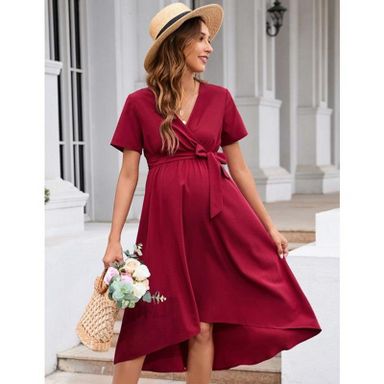 Coolmee Women Maternity Dress Cross V Necks Lantern Short Sleeve Tie High Waist A-Line Irregular Hem Summer Midi Dress Burgundy 2XL