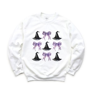 Simply Sage Market Women's Graphic Sweatshirt Coquette Purple Bow Witch Hat - 1 of 4