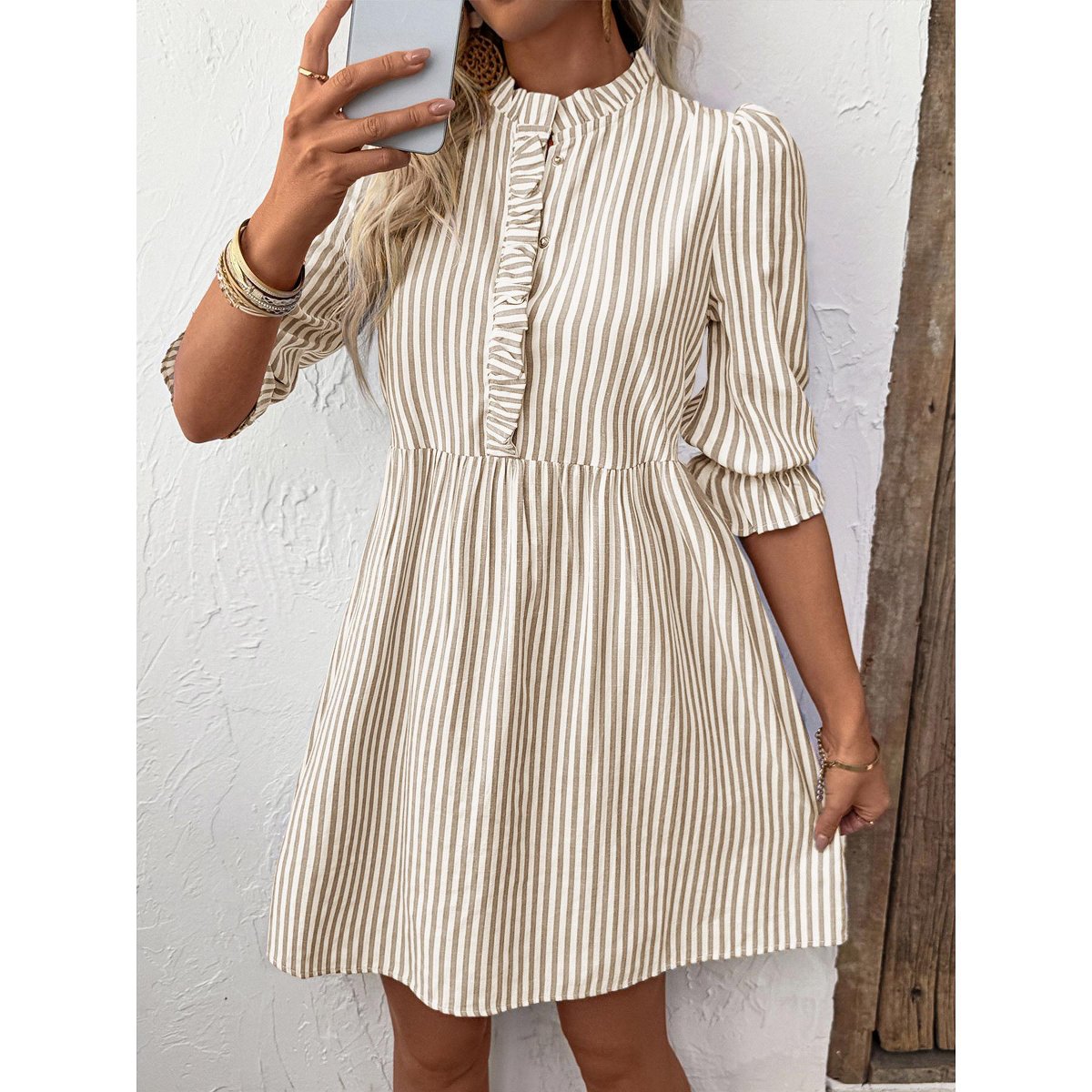 Женские платья Garvee Womens Fall Dress Stripe Ruffle A Line Elbow Sleeve Shirtdress Ruffle Placket Mock Neck Mini Dress Lantern Sleeve Casual Highwaist Dress, Khaki - M — фото 3