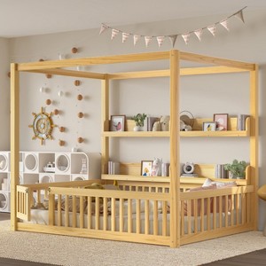 KWPZQEB Canopy Bed Frame for Kids, Solid Wood Floor Bed with Built-in Bookshelf and Guardrails, No Spring Box Needed - 1 of 4