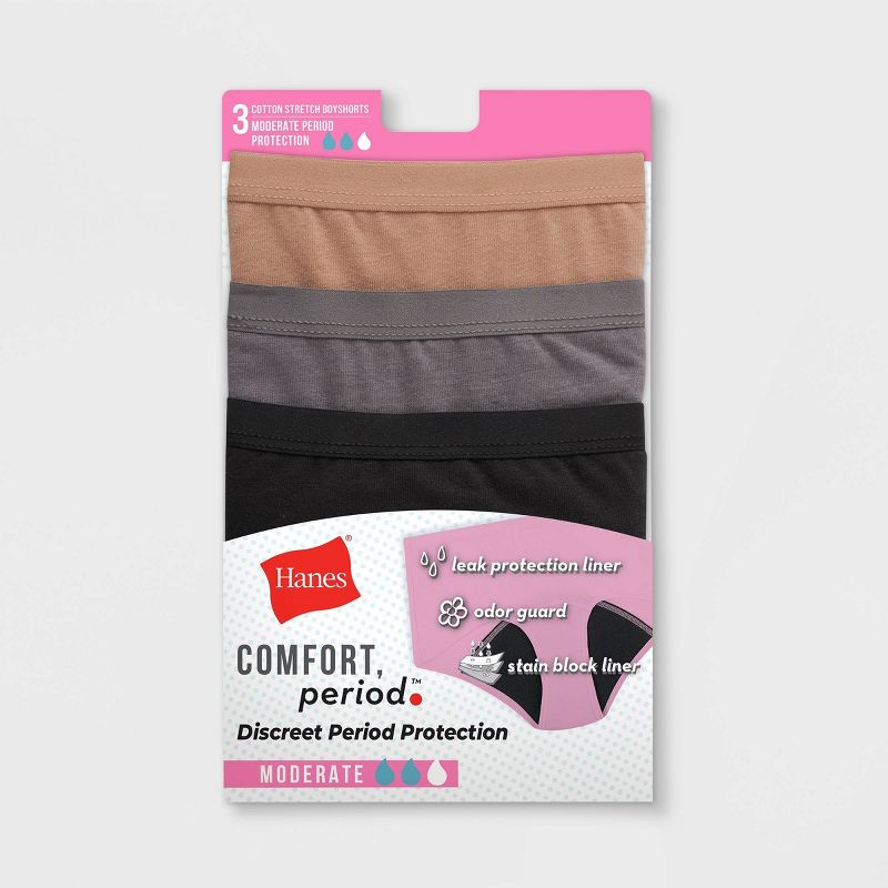 Hanes Women's 3pk Comfort Period and Postpartum Moderate Leak Protection Boy Shorts - Black/Gray/Brown, 3 of 7
