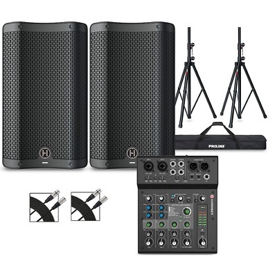 Harbinger VARI V2410 10" Powered Speakers Package With LX8 Mixer, Stands & Cables