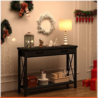 Homhougo Console Table with 2 Drawers, Farmhouse Sofa Table with Storage Shelf, Accent Wood Entryway Table Black