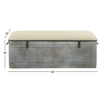 Gray Galvanized Metal Storage Bench with Beige Upholstered Seat