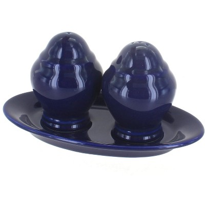 Blue Rose Polish Pottery Cobalt Salt & Pepper Shakers with Plate
