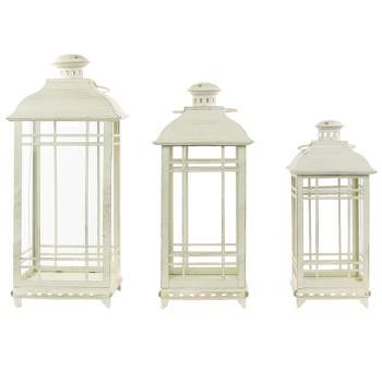 Set of 3 Indoor-Outdoor Lombard Metal Lanterns - Antique White
