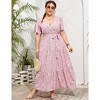 Garvee Women Plus Size V Neck Wrap Maxi Dress High Waist Ruffle Summer Casual Dress with Belt Short Sleeve - 2 of 4
