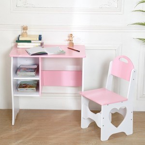 Angel Sar Kids Desk and Chair Set, Wooden Study Table with Storage Shelf, White and Pink Cat Pattern Design, Study Furniture for Children's Bedroom - 1 of 4