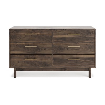 Dark Brown 6-Drawer Walnut Wood Dresser with Goldtone Handles