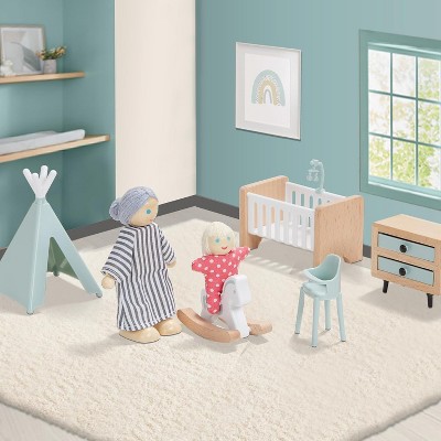 Etokfoks 36pcs Wooden Dollhouse Furniture Set with 5 Rooms and 4 Dolls Blue Pretend Play Accessories for Kids Toddlers Ages 3 and Up — фото 6