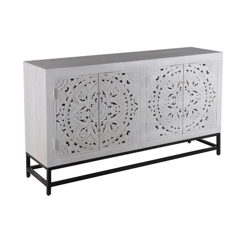 55 White Arch Sideboard Buffet with 4 Doors Carved Credenza