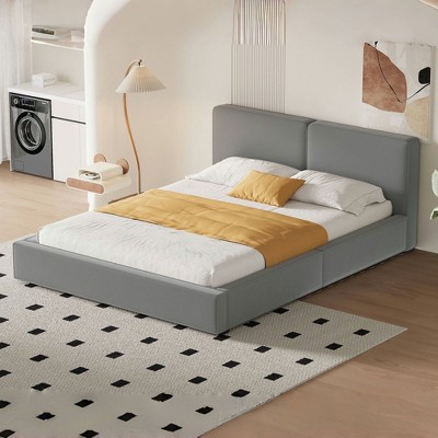 NicBex Queen Size Velvet Upholstered Platform Bed Frame with Headboard,Wood Slats Support,No Box Spring Needed,Easy Assembly,Beige/Gray