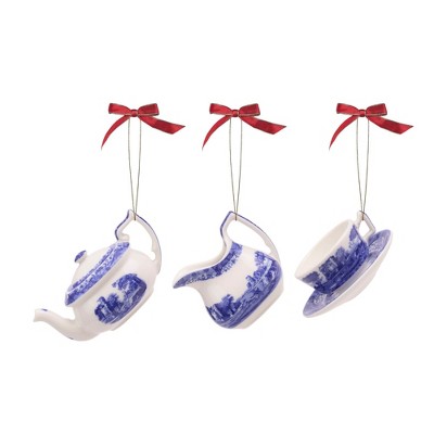 Spode Blue Italian 3-Piece Tea Set Ornaments - Mini Teapot, Creamer, Cup with Saucer - Classic Italian Countryside Ceramic Ornaments