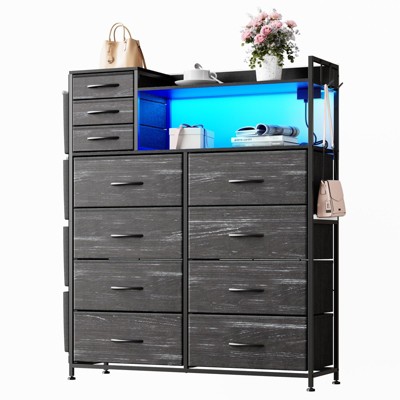 8+3 Drawers Fabric Dressers for Bedroom with 4 Side Pockets,LED Lights,Charging Station