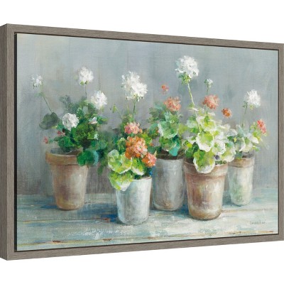 Farmhouse Geraniums in Vases Canvas Wall Art with Grey Frame