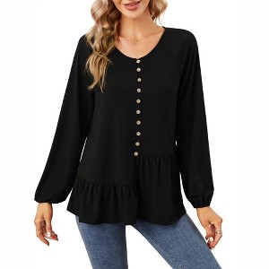 Women V Neck Long Sleeve Button Shirt Badydoll Tops Casual Asymmetrical Loose Flowy Ruffled Blouses - 1 of 4