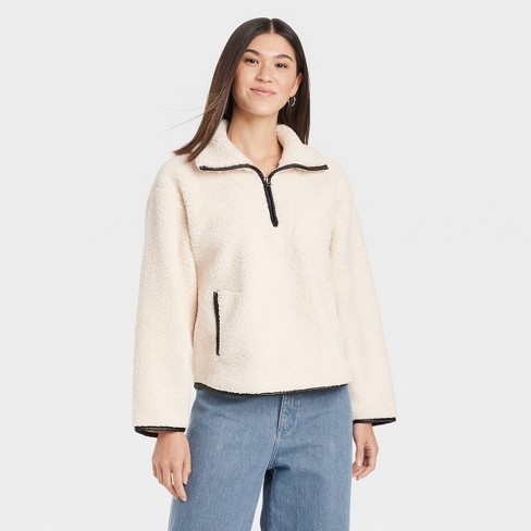 Women s Faux Shearling Quarter Zip Pullover Universal Thread Cream Target