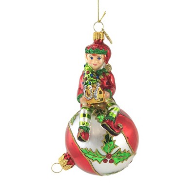 Huras 5.25" Elf On Christmas Ball Ornament Sprite Holly Floral  -  Tree Ornaments