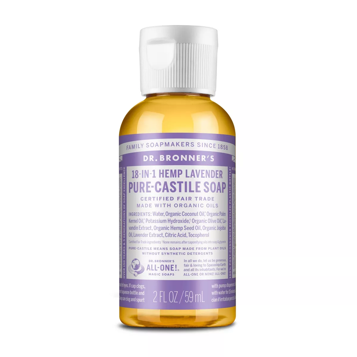 Dr. Bronner's - Pure-Castile Liquid Soap (Lavender, 2 ounce) - Made with Organic Oils, 18-in-1 Uses: Face, Body, Hair, Laundry, Pets and Dishes, Concentrated, Vegan, Non-GMO