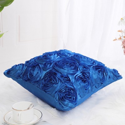 Royal Blue 3D Satin Rose Floral Throw Pillow Cover 16" x 16"