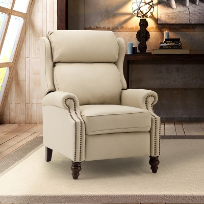 Ripheus Genuine Leather Manual Recliner with Nailhead Trims and Solid Wood Legs | KARAT HOME