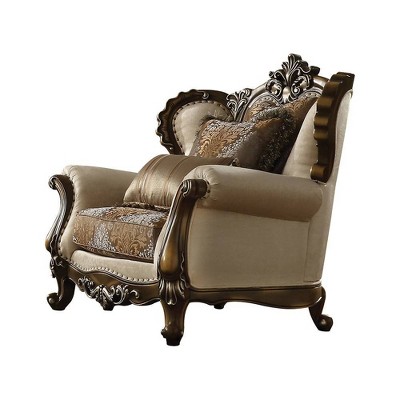 Latisha Chair with 2 Pillows Tan Pattern Fabric/Antique Oak Finish - Acme Furniture