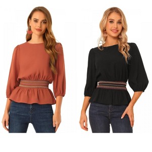 Allegra K Women's 3/4 Sleeve Round Neck Smocked Waist Peplum Blouse 2 Packs - 1 of 4