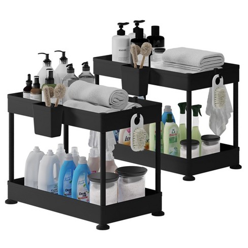 Storagebud 2 Tier Non-Slip Grip Kitchen Under Sink Organizer - Bathroom Cabinet Organizer with Utility Hooks and Side Caddy - 2 Pack - Black