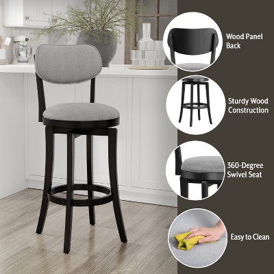 Classic Black Wood Swivel Barstool with Slate Gray Upholstery